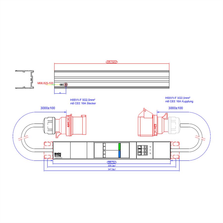 BACHMANN ALU 1U VM 1x SPD 3-phase, 1x ÜS 3x 16A 2x 1m H05VV-F 5G2.5mm CEE 16A