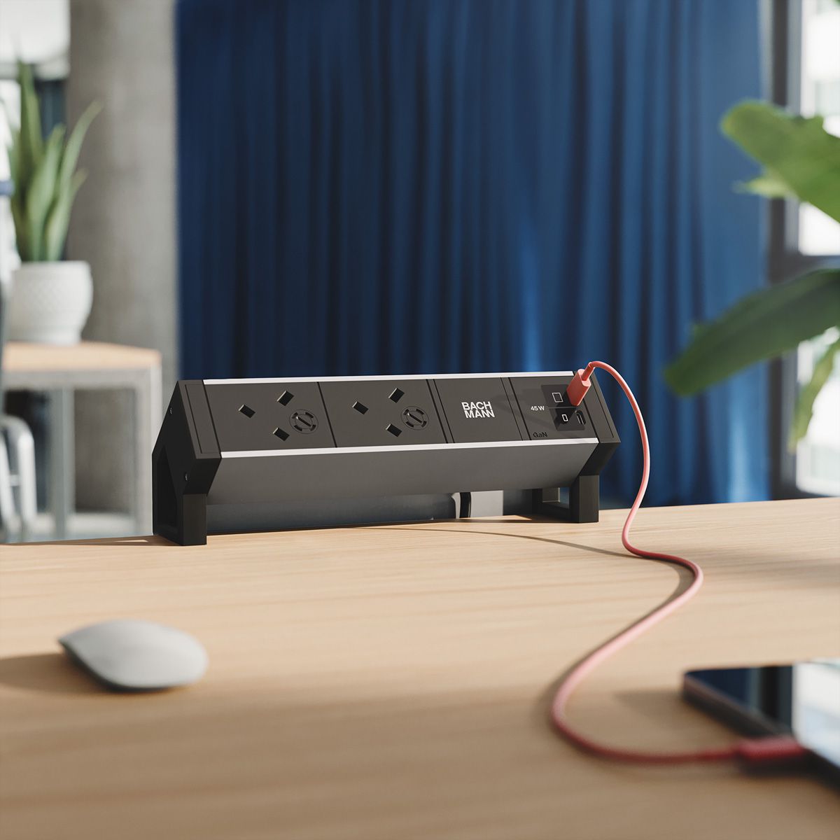 BACHMANN DESK2 ALU BLACK 2xUK, 1xUSB C/C 45W L=0,2m