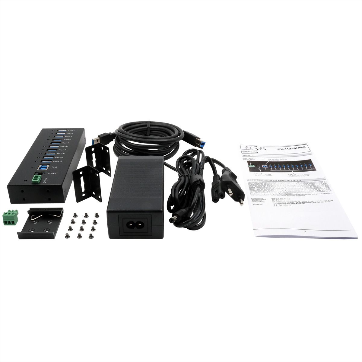 EXSYS EX-11230HMS 10 Port USB 3.2 Gen 1 HUB Din-Rail Kit und Wand VIA VL811+ Chipset