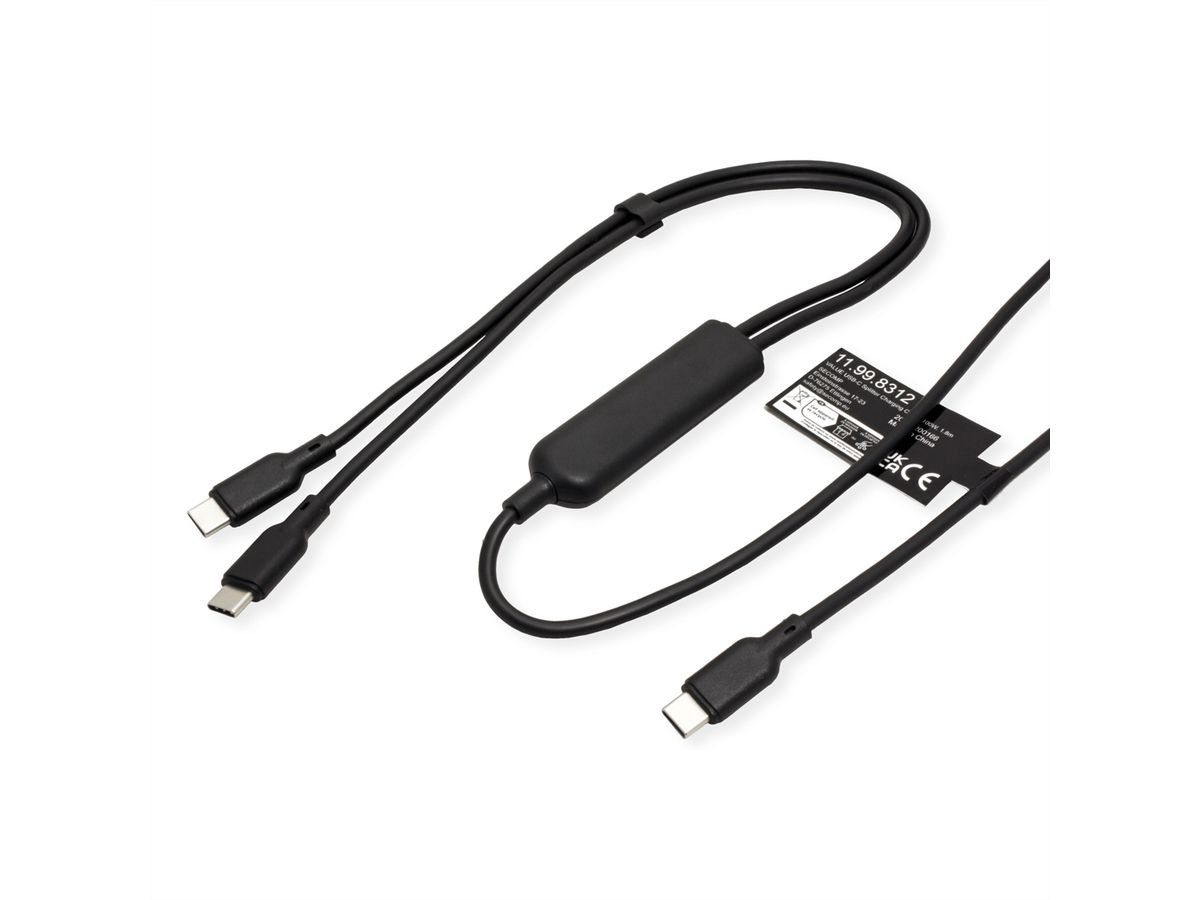 VALUE USB Type C split-oplaadkabel, C - 2x C, Male/Male, max. 100 W, zwart, 1,8 m