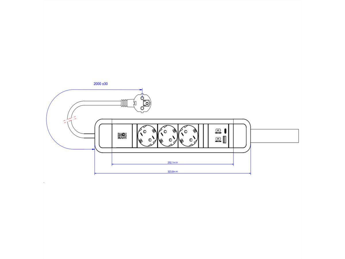 BACHMANN PRIMO 2 3xCEE7/3 1xUSB A/C 22W with loop 2.0m CEE7/7