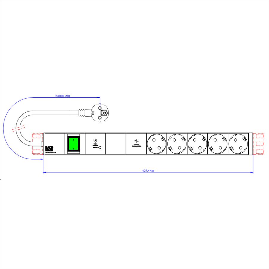 BACHMANN 19" 1U 5xCEE7/3 1xswitch 1xGVS-Plus 2.0m CEE7/7