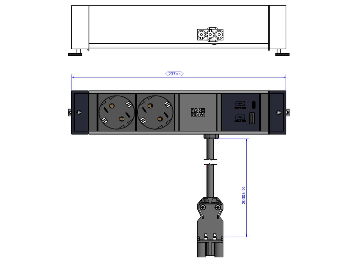BACHMANN DESK RAIL 2x Geaard stopcontact USB A&C, USB Oplader 22W 2,0m GST18