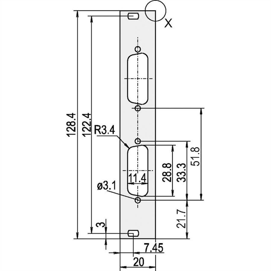 SCHROFF U-profile Front Panel, Shieldable, D-Sub Cutout, 3 U, 4 HP, 2 x 15 Pin, 2.5 mm, Al, Front Anodized, Rear Conductive