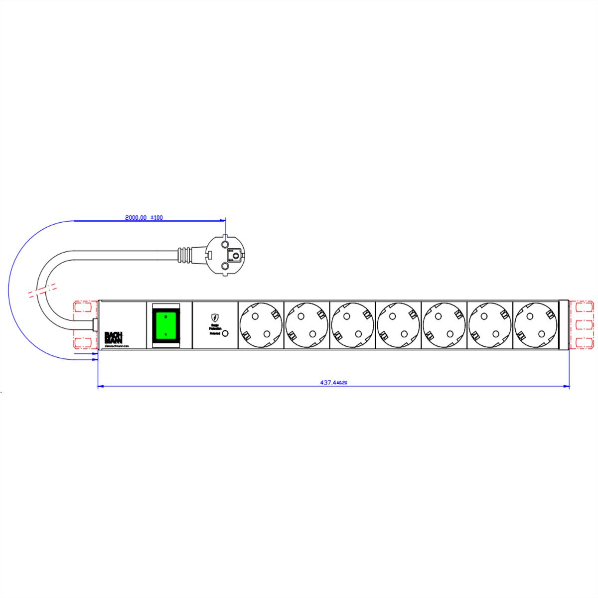 BACHMANN 19" 1U 7xCEE7/3 1xSPD-Plus 1xswitch 2.0m CEE7/7