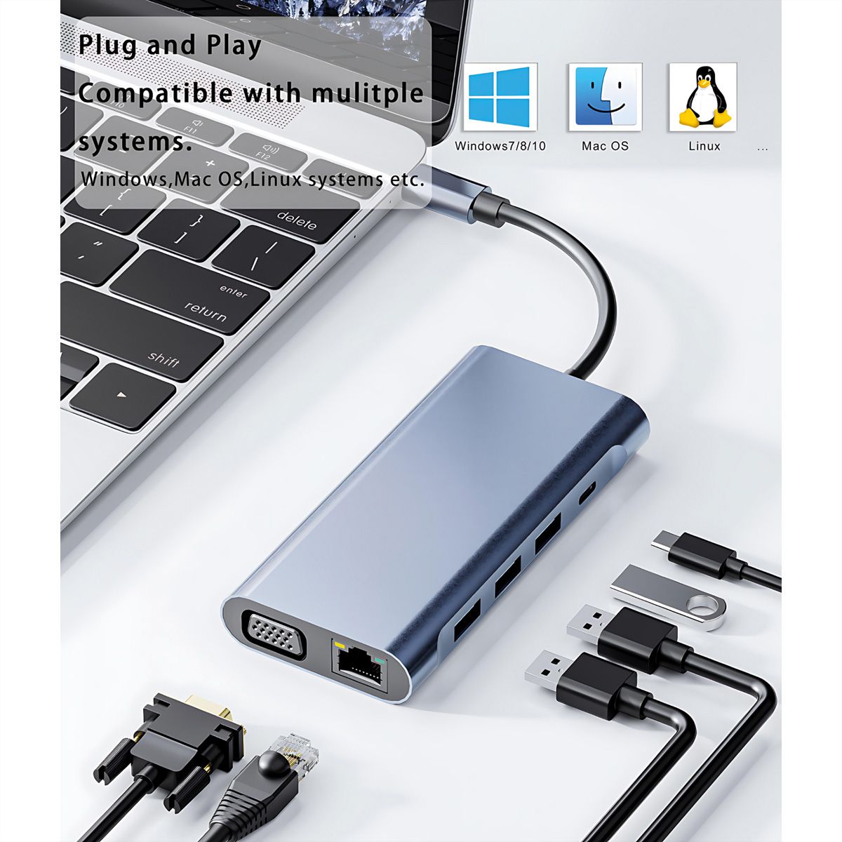 VALUE Dockingstation Type C, 1x HDMI 4K30, 1x VGA 1080p, 1x Gigabit Ethernet, 3x USB 3.2 Gen1 (A), 1x USB 2.0 (C), 1x SD/TF, 1x Audio, 1x Type C PD (Power Delivery)