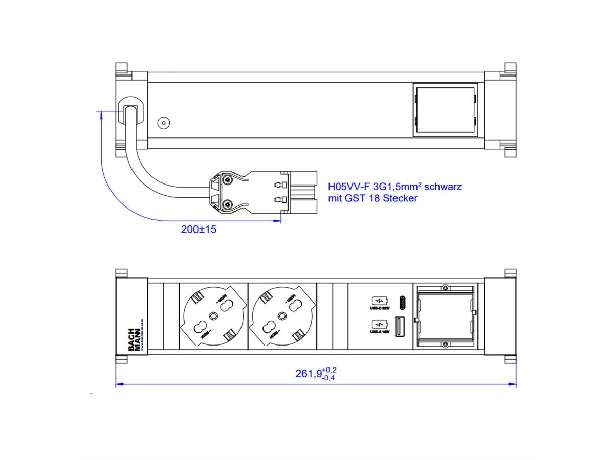 BACHMANN POWER FRAME M 2xP40, 1xUSB A&C 22W 1xCM 0.2m GST18 Italia