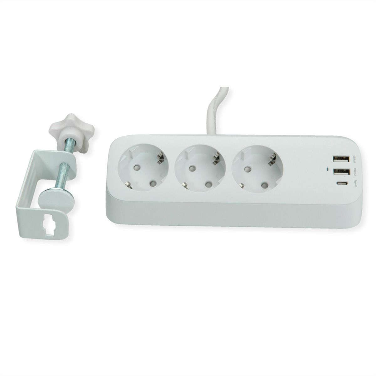 VALUE tafelstekkerdoos, 3-voudig met schakelaar, incl. 3x USB (2x A, 1x C), met tafelklem , 1,5 m