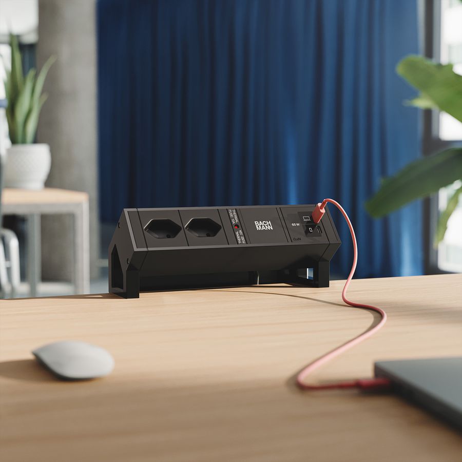 BACHMANN DESK2 2xCH 90° 1xUSB C/C 65W, L=0.2m RAL9005