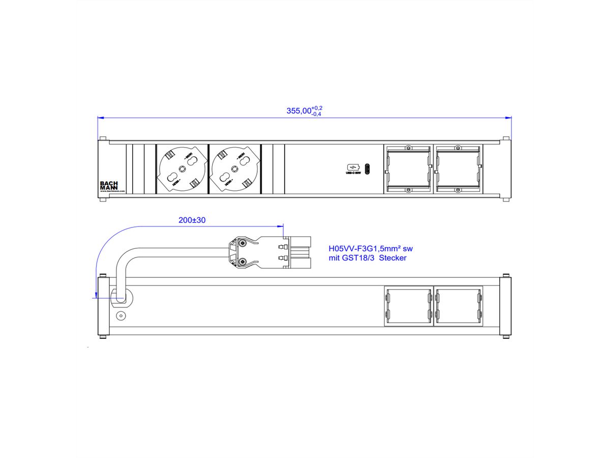 BACHMANN CONI 2xP40 1xUSB C 60W 2xCM, 0.2m GST18 Italia