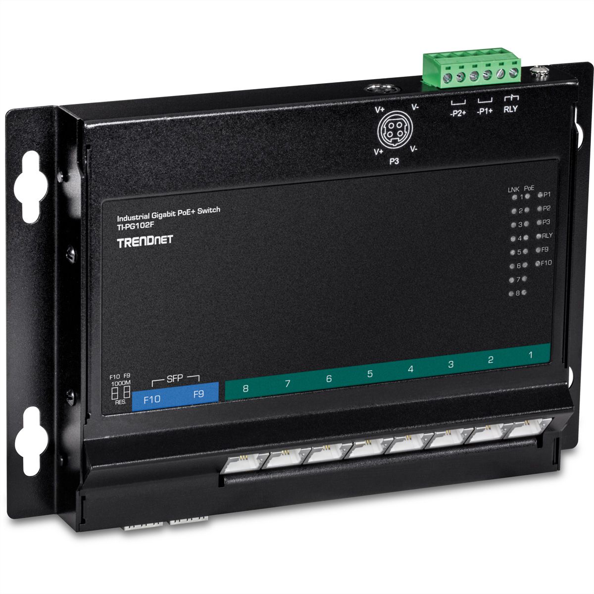 TRENDnet TI-PG102F PoE+ Switch 10-poorts industriële wandmontage Toegang aan de voorzijde