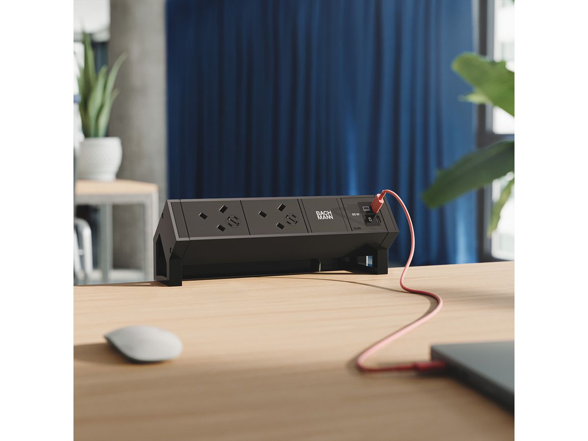 BACHMANN DESK2 2xUK 1xUSB C/C 65W, L=0.2m RAL9005