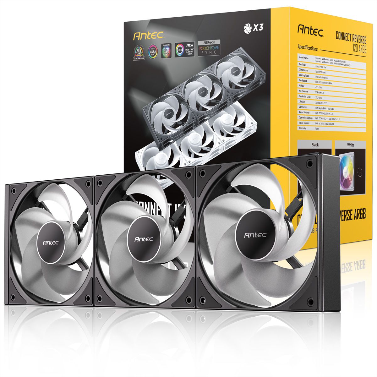 ANTEC C120 ARGB Fan Reverse PC Case Fan 120mm 3-in-1-Pack, black