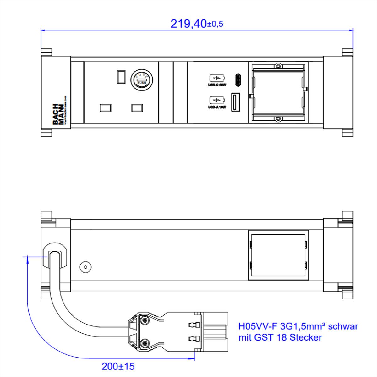 BACHMANN POWER FRAME S 1xUK 1xCM, 1xUSB A&C 22W 0.2m GST18 United Kingdom