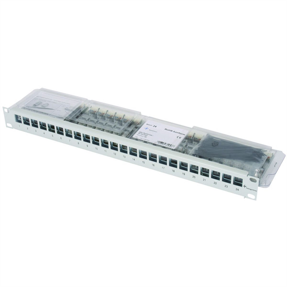 19" Modulair patchpaneel 1 HE, met 24 AMJ-S modules Cat. 6A (klasse EA) (ISO/IEC), grijs