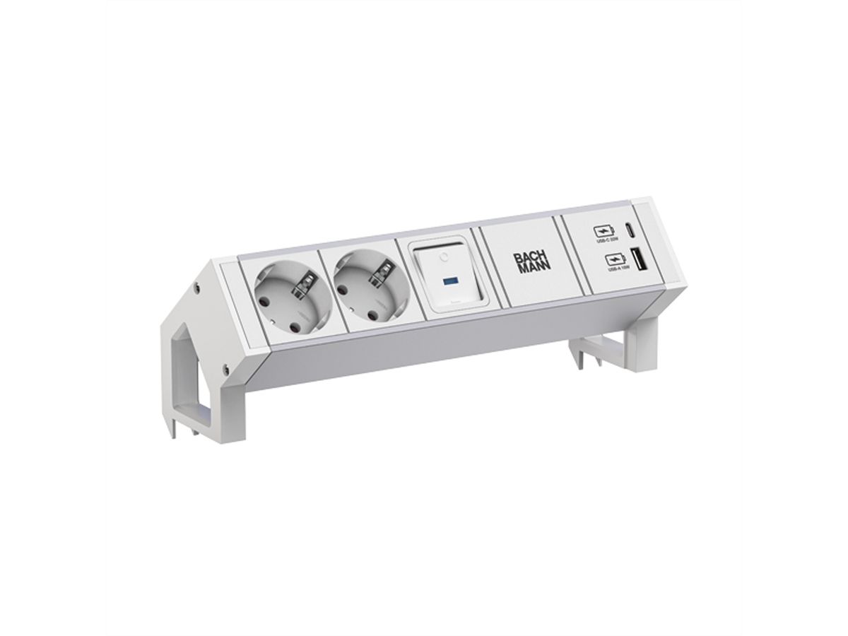BACHMANN DESK2 ALU WHITE 2xCEE7/3 1xSwitch 1xUSB A/C 22W 0,2m