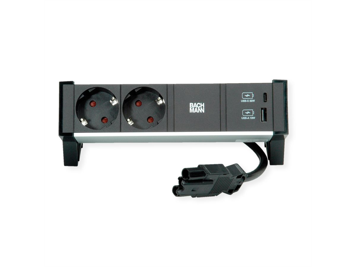 BACHMANN DESK2 ALU ZWART 2x Geaard stopcontact, USB, USB oplader 22W A&C 0,2m GST18