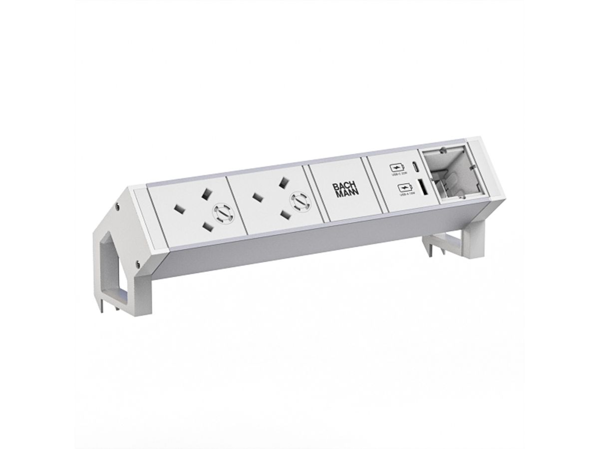 BACHMANN DESK2 ALU WHITE 2xUK, 1xCM 1xUSB A/C 22W 0,2m GST18