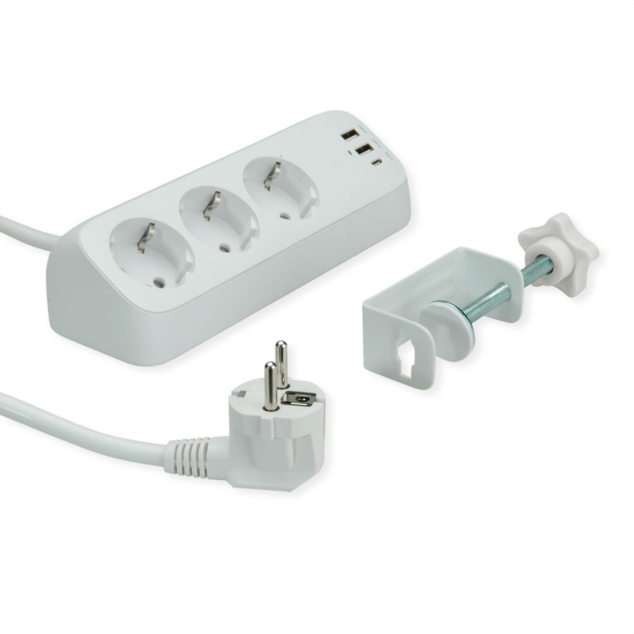VALUE tafelstekkerdoos, 3-voudig met schakelaar, incl. 3x USB (2x A, 1x C), met tafelklem , 1,5 m
