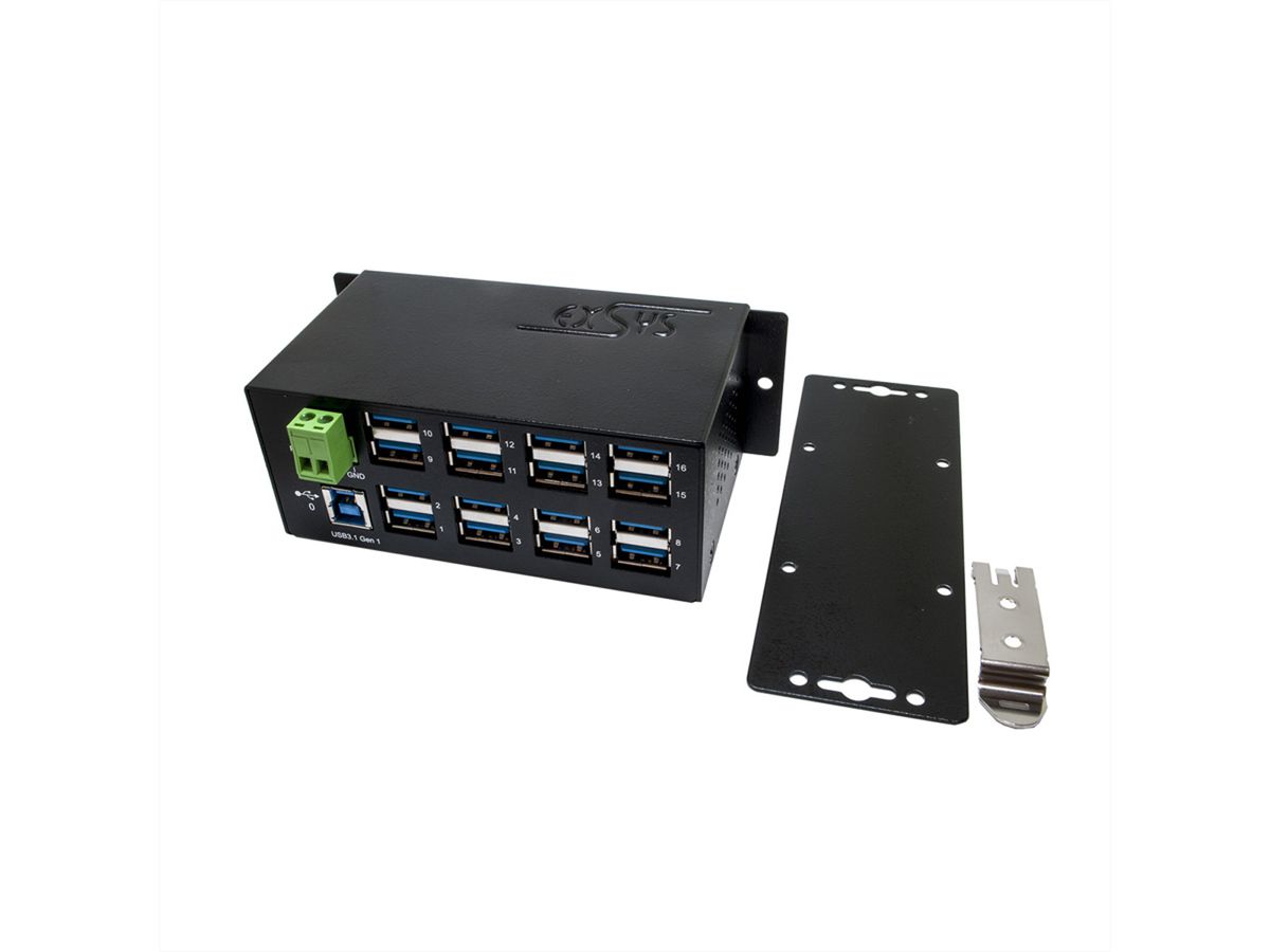 EXSYS EX-1113HMS 16-poorts USB 3.0/3.1(Gen1) HUB Din-Rail-Kit 15KV ESD-overspanningsbeveiliging