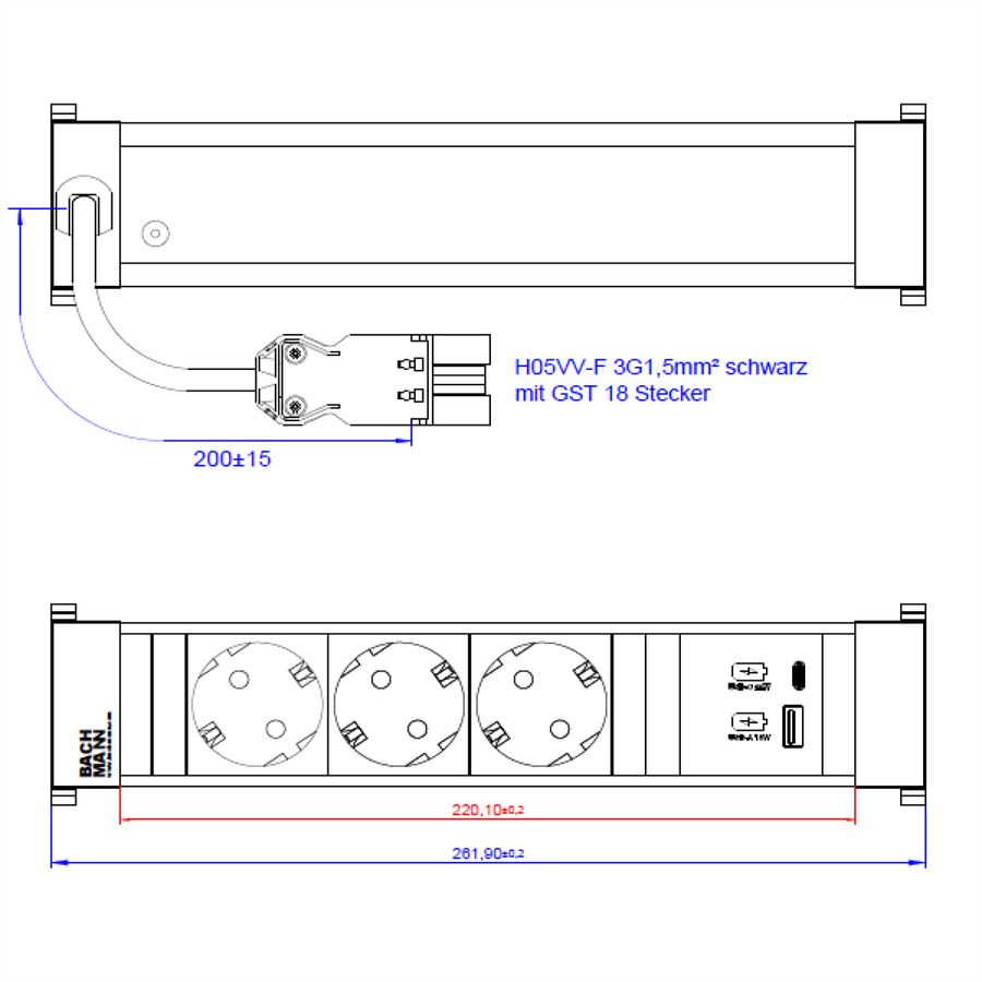 BACHMANN POWER FRAME M 3xCEE7/3, USB A&C 22W Charger 0.2m GST18