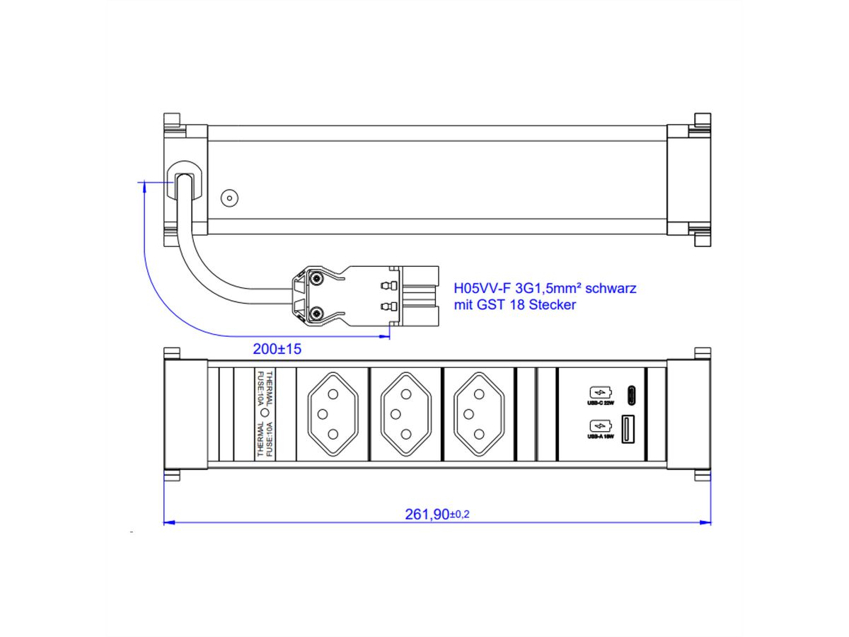 BACHMANN POWER FRAME M 3xCH, 1xUSB A&C 22W Charger 0.2m GST18 Switzerland