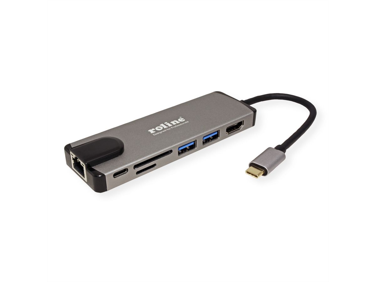 ROLINE USB 3.2 Gen 2 Typ C Multiport Docking Station, 4K HDMI, 2x USB 3.2 Gen 1, 1x SD/Micro SD Card Reader, 1x USB Type C PD (Power Delivery), 1x Gigabit Ethernet