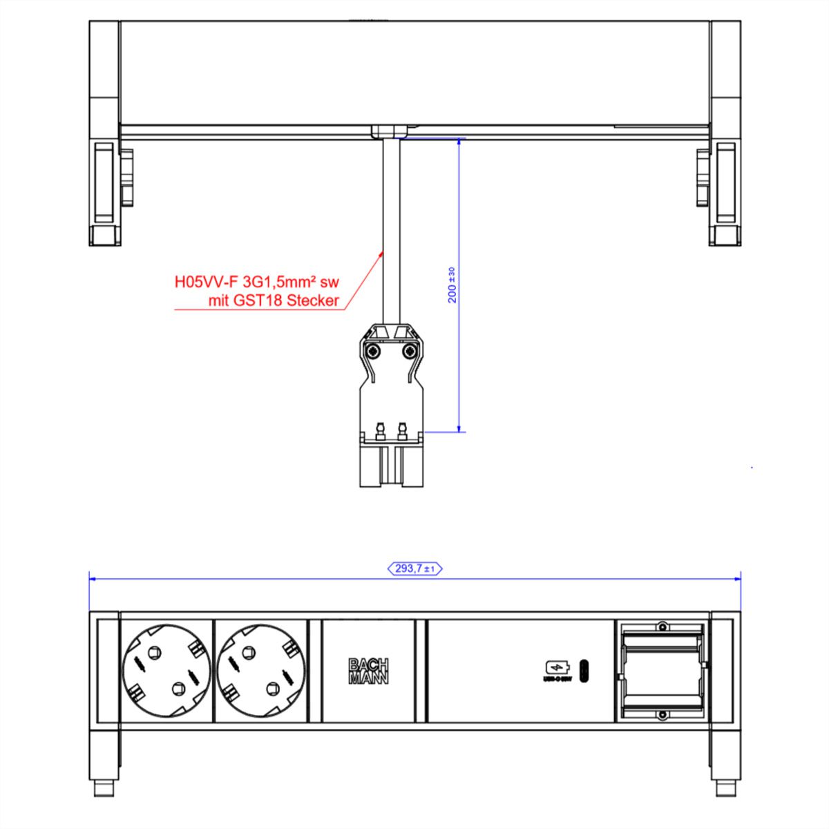 BACHMANN DESK2 ALU ZWART 2xbeschermend contact USB C, USB Lader 60W 1xABD 0,2m GST18