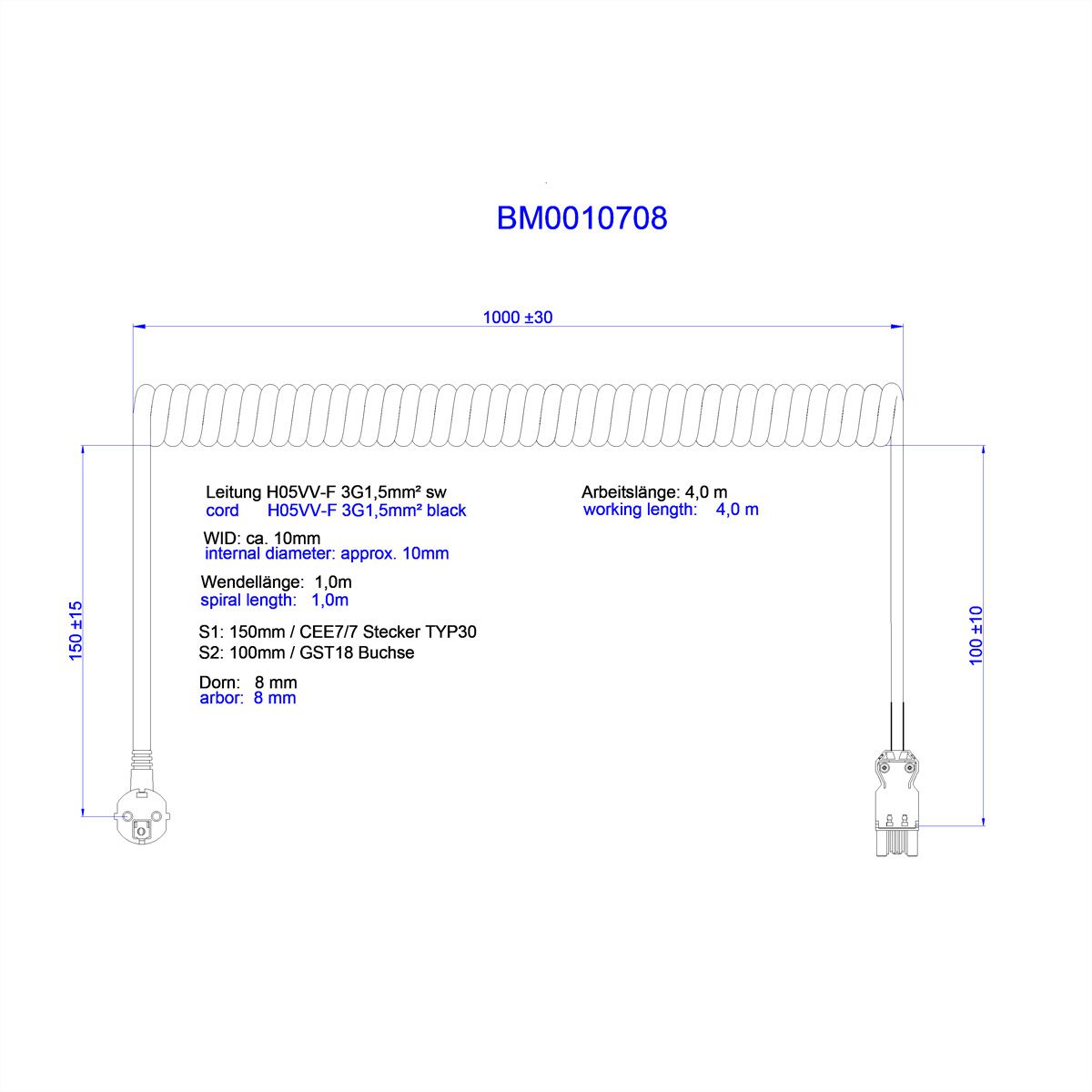BACHMANN Spiralleitung H05VV-F 3G1,5mm² L:1,0m sw ISV/CEE7/7