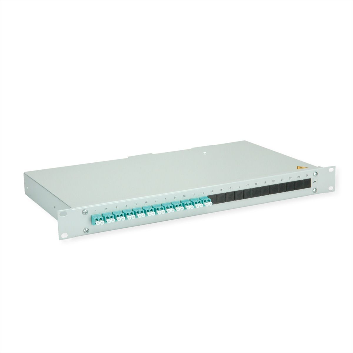 TELEGÄRTNER BASIS eco LWL-Panel mit Kupplungen & Pigtails, 12x LC Duplex, türkis, OM3, Grade C