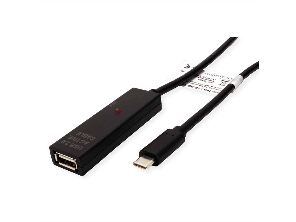 VALUE USB 2.0 Verleng kabel met actieve Repeater, A - C, zwart, 20 m