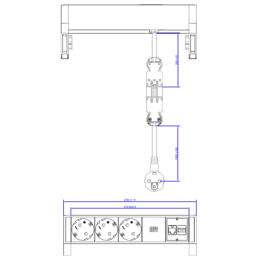 BACHMANN DESK2 3x earthing contact, 1x CAT6 1x USB3 white