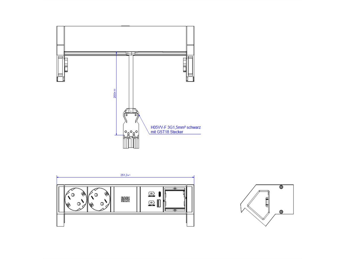 BACHMANN DESK2 2xbeschermend contact USB A&C, USB Lader 22W 1xABD 0,2m GST18 INOX
