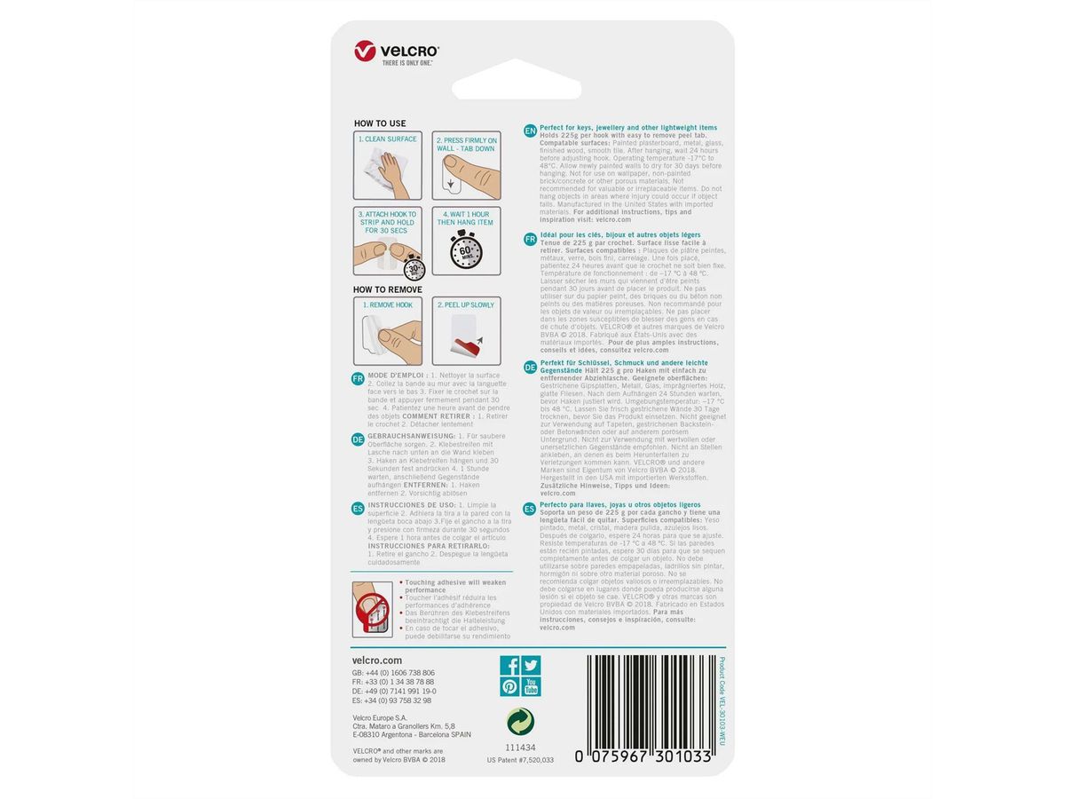 VELCRO® HANGables Mikro-Klebe-Haken 225g, 8 St. wiederablösbar, weiß