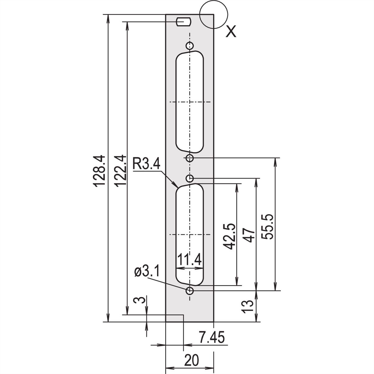 SCHROFF U-profile Front Panel, Shieldable, D-Sub Cutout, 3 U, 4 HP, 2 x 25 Pin, 2.5 mm, Al, Front Anodized, Rear Conductive