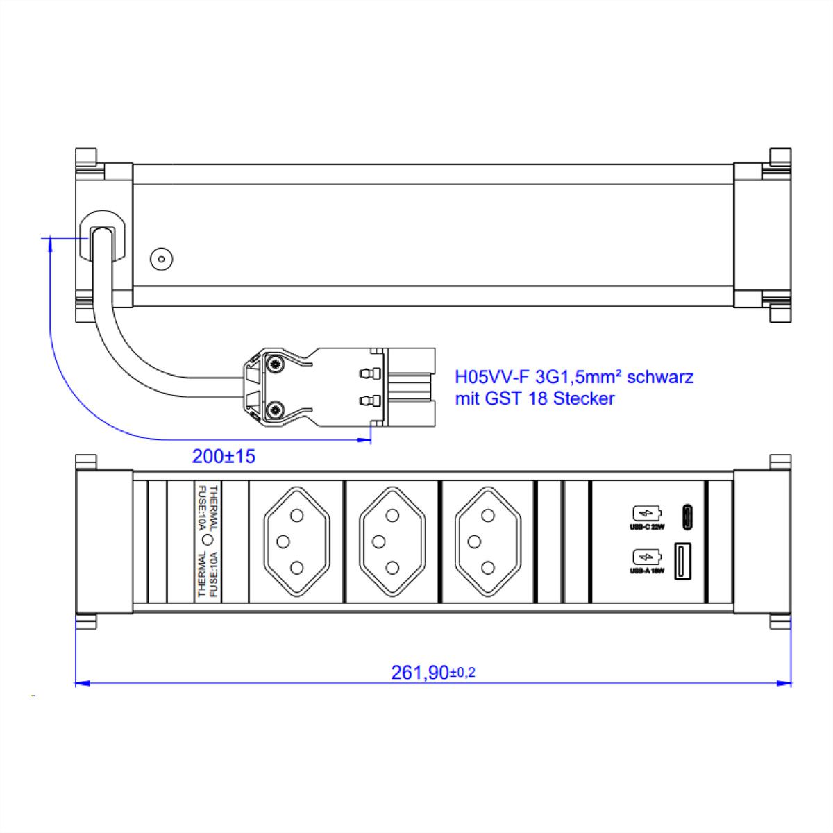 BACHMANN POWER FRAME M 3xCH, 1xUSB A&C 22W Charger 0.2m GST18 Switzerland