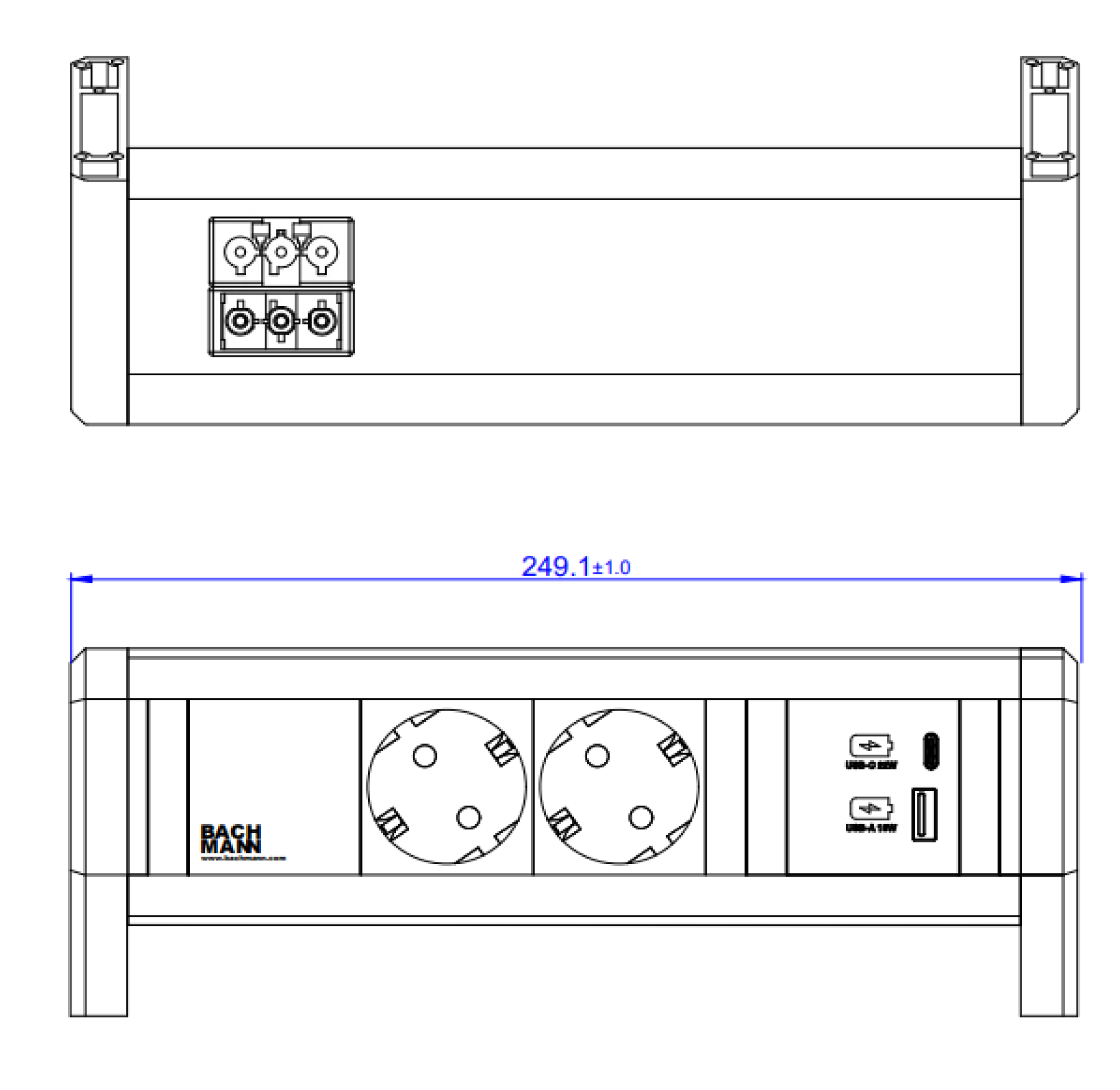BACHMANN DESK 2xCEE7/3 1xUSB A/C 22W GST18 RAL9010