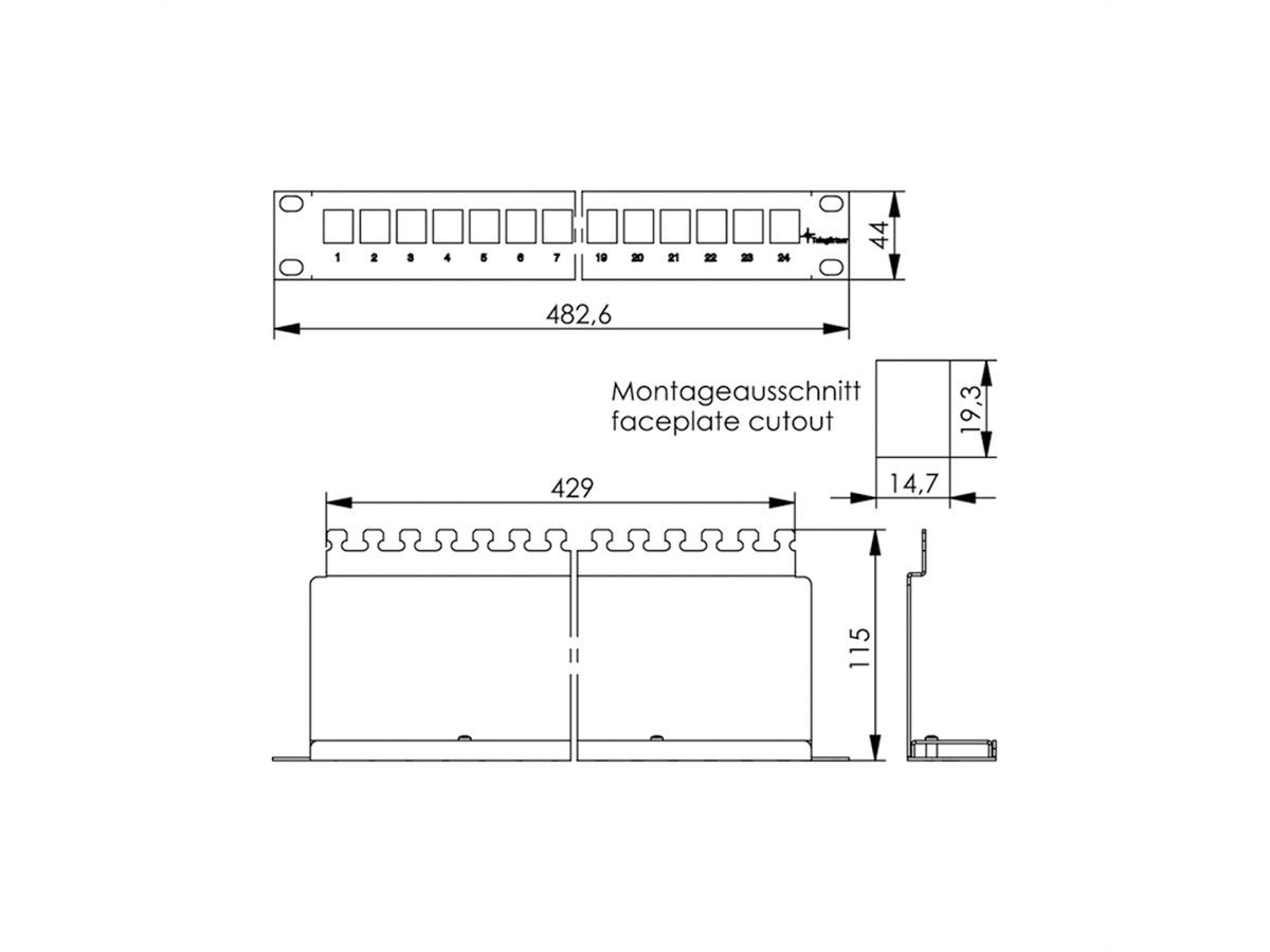 TELEGÄRTNER 19"-Modulträger 1 HE, mit 24 AMJ-SL-Modulen Kat.6A (Class EA), grau