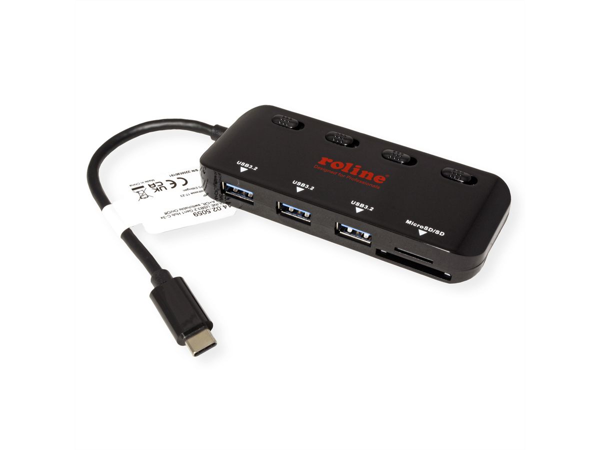 ROLINE USB 3.2 Gen 1 Hub, 3 Ports, Type C connection cable, with Card Reader, switchable