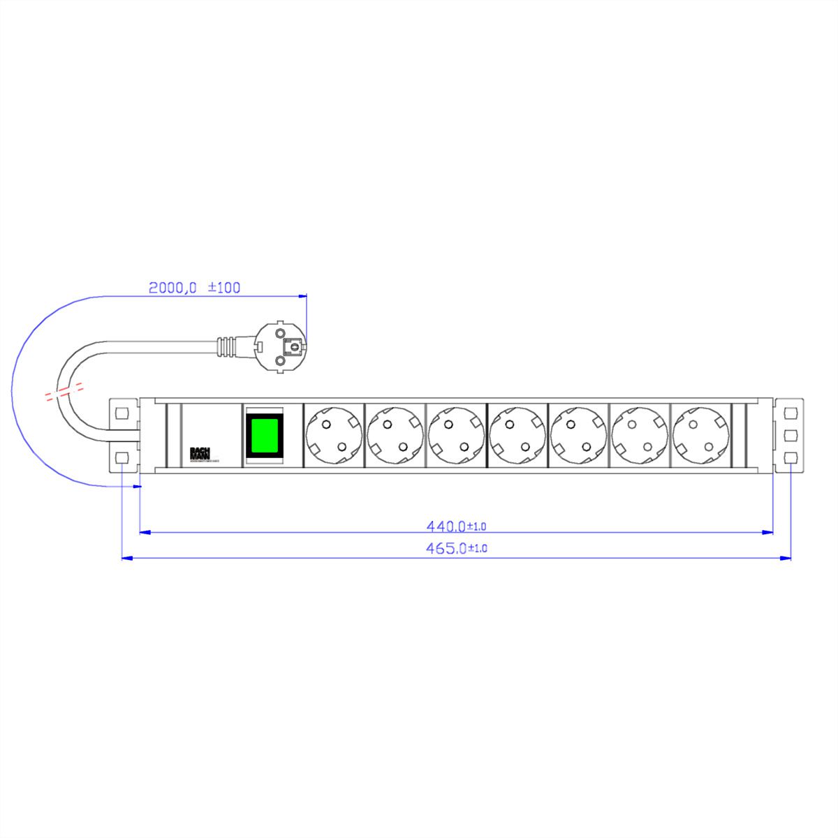 BACHMANN 19" PVC 7xCEE7/3 1xschakelaar voeding 2,0m CEE7/7