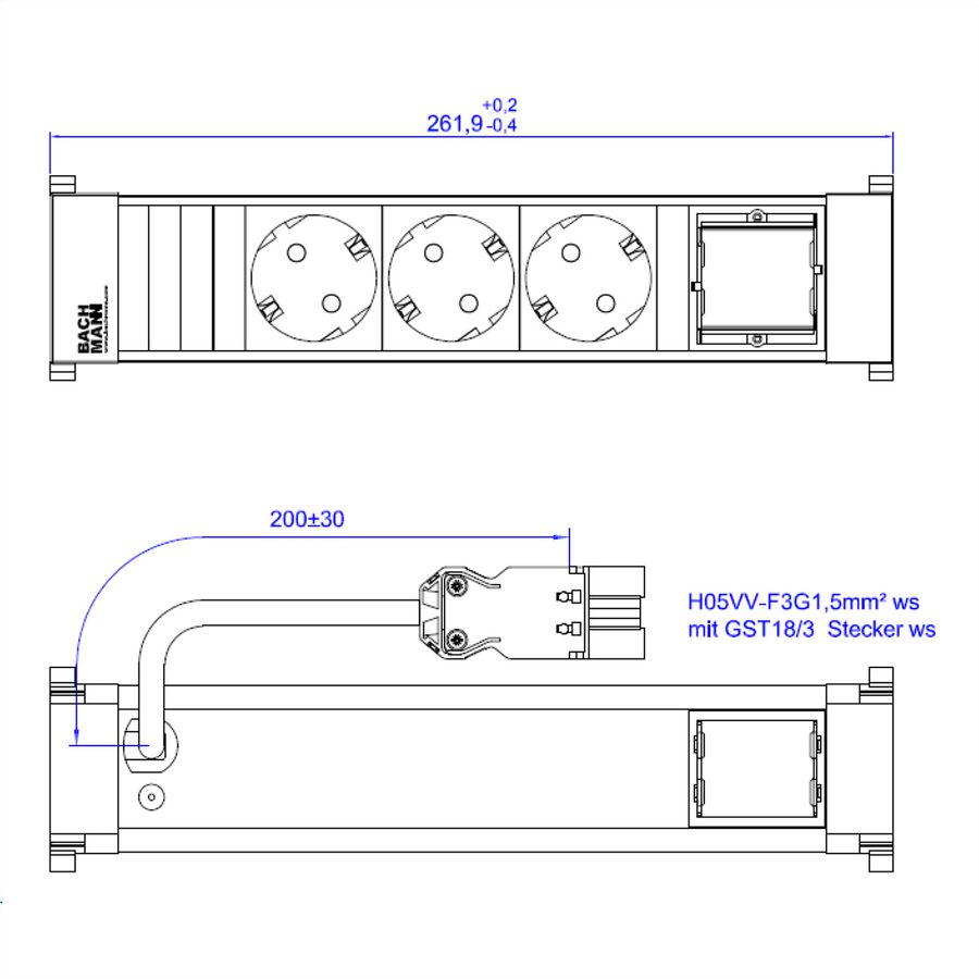 BACHMANN POWER FRAME 3xCEE7/3 1xCM 0.2m GST18 RAL9010