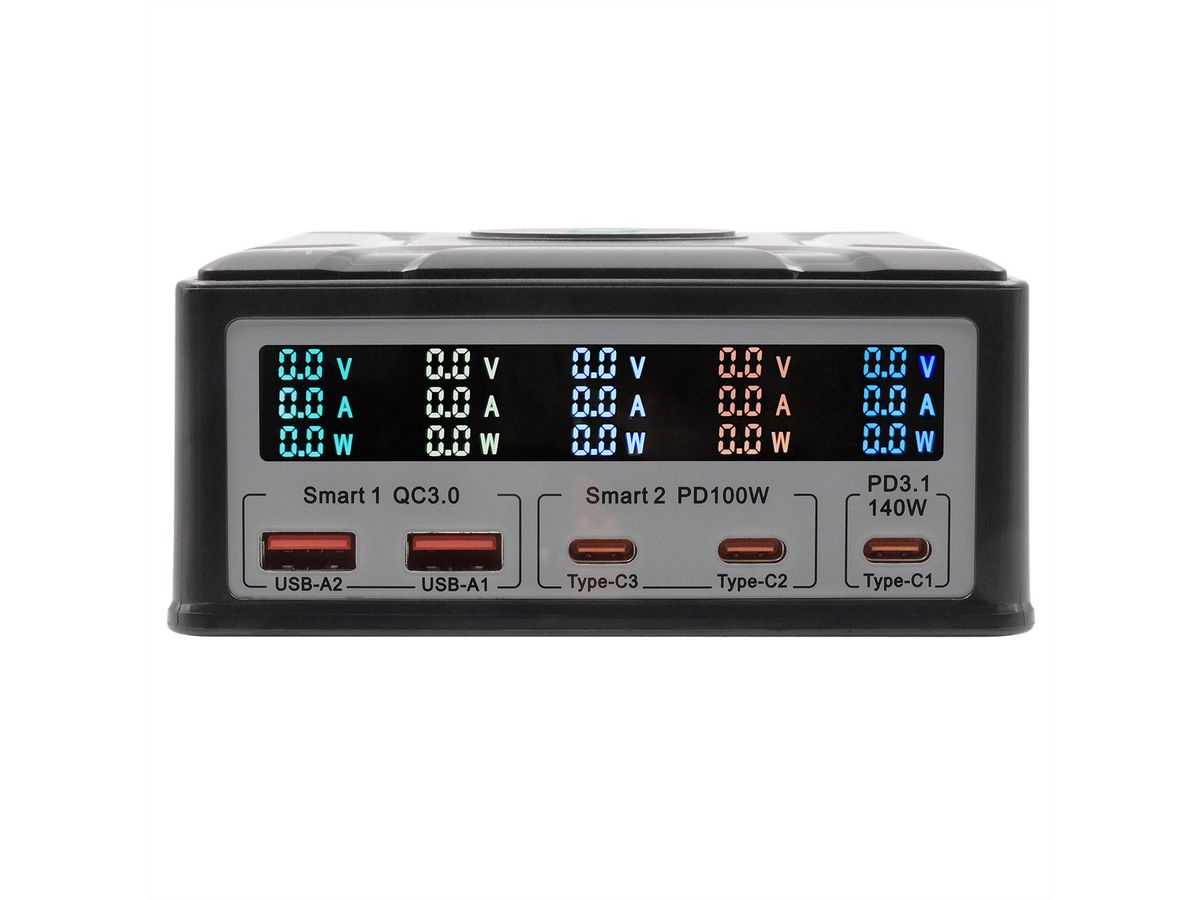 EXSYS EX-1107 Multiport High Power Charger mit QI 15W und USB-C PD mit max. 260W