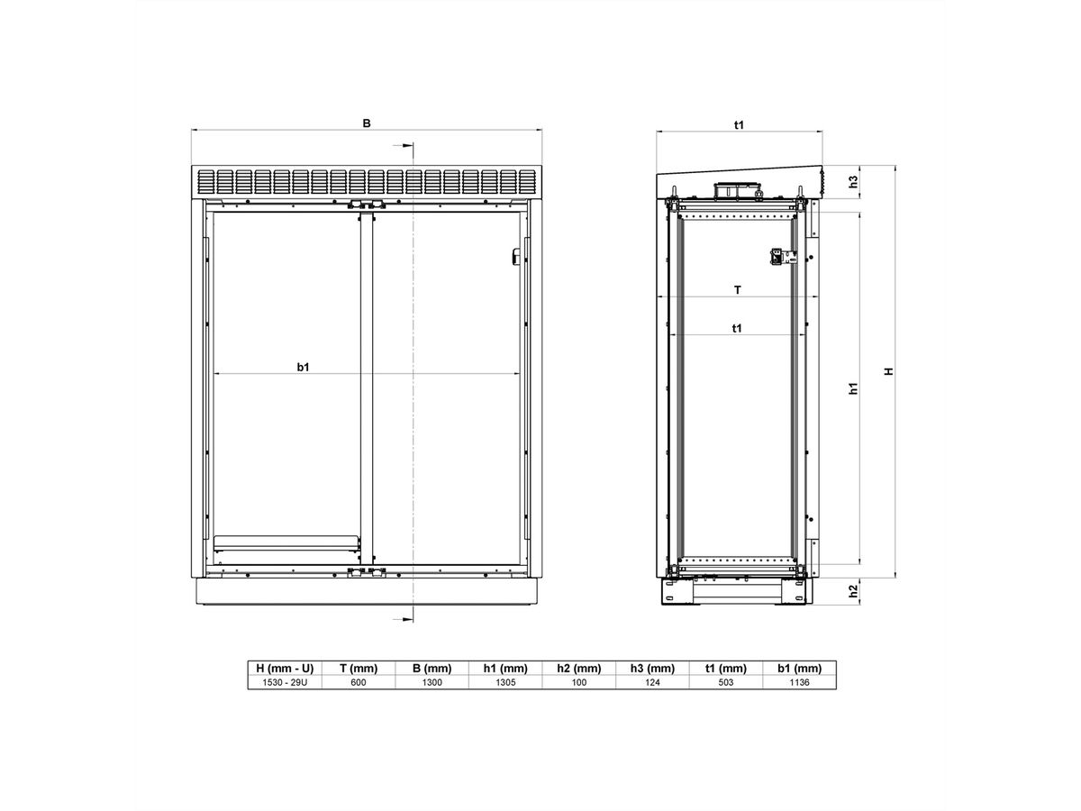 SCHROFF modulaire buitenluchtkast met dubbele deur, ventilator, 1530H 29 U, 1300W 630D