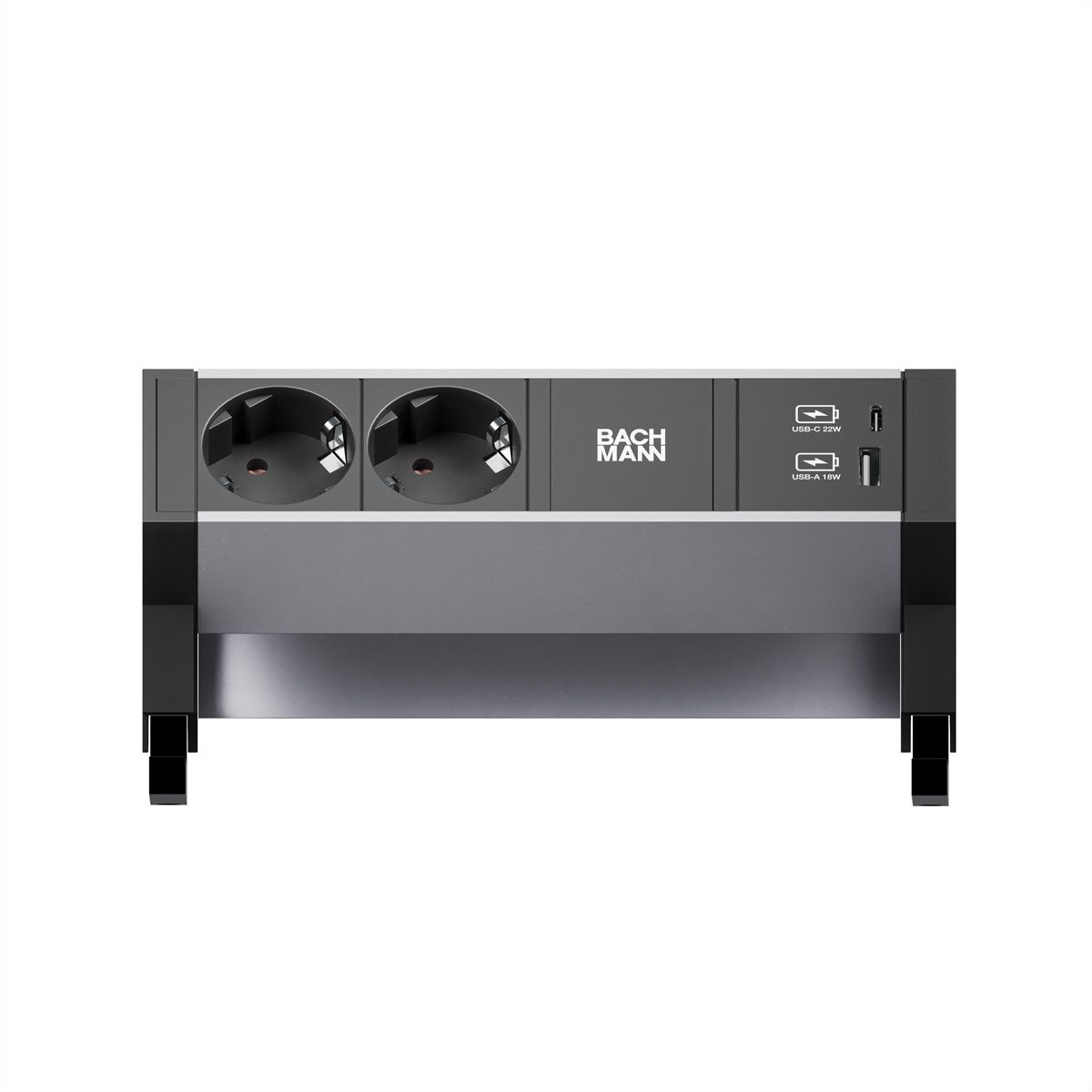 BACHMANN DESK2 ALU ZWART 2x Geaard stopcontact, USB, USB oplader 22W A&C 0,2m GST18