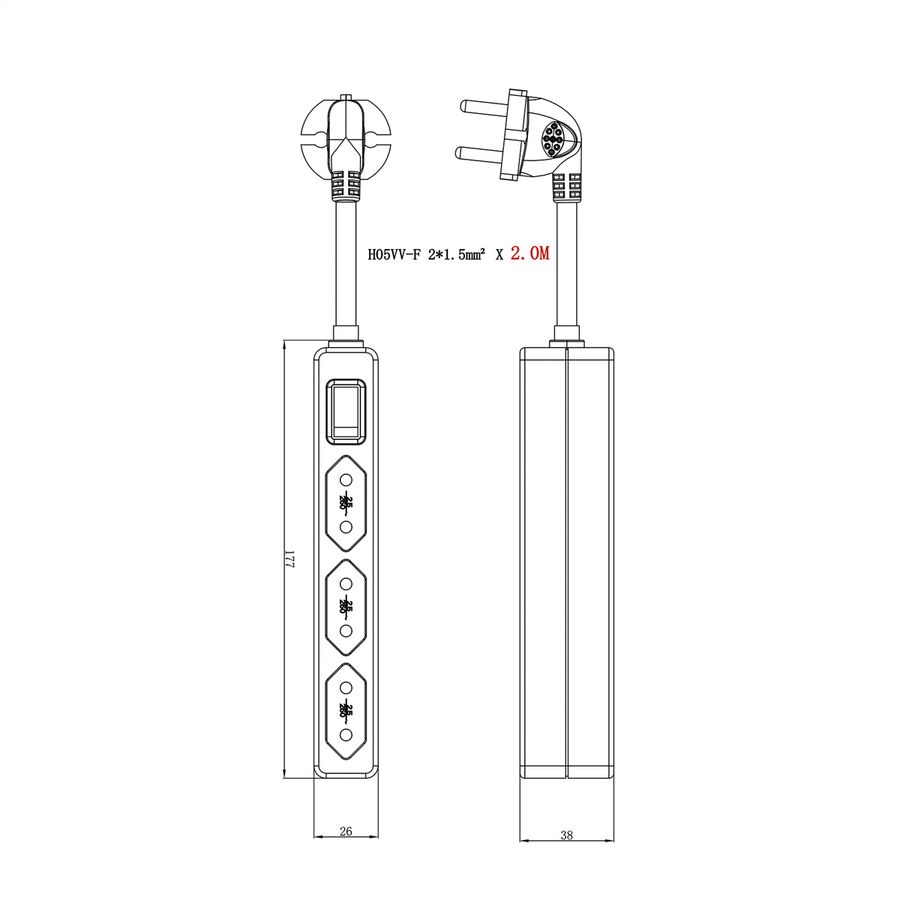 VALUE Power Strip 2-Pin Euro Type, 3-way, with Switch, white, 1.5 m