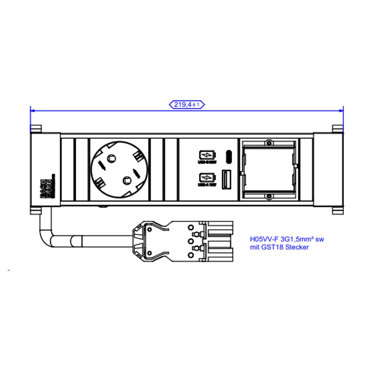 BACHMANN POWER FRAME S 1xCEE7/3 1xCM, 1xUSB 22W 0.2m GST18