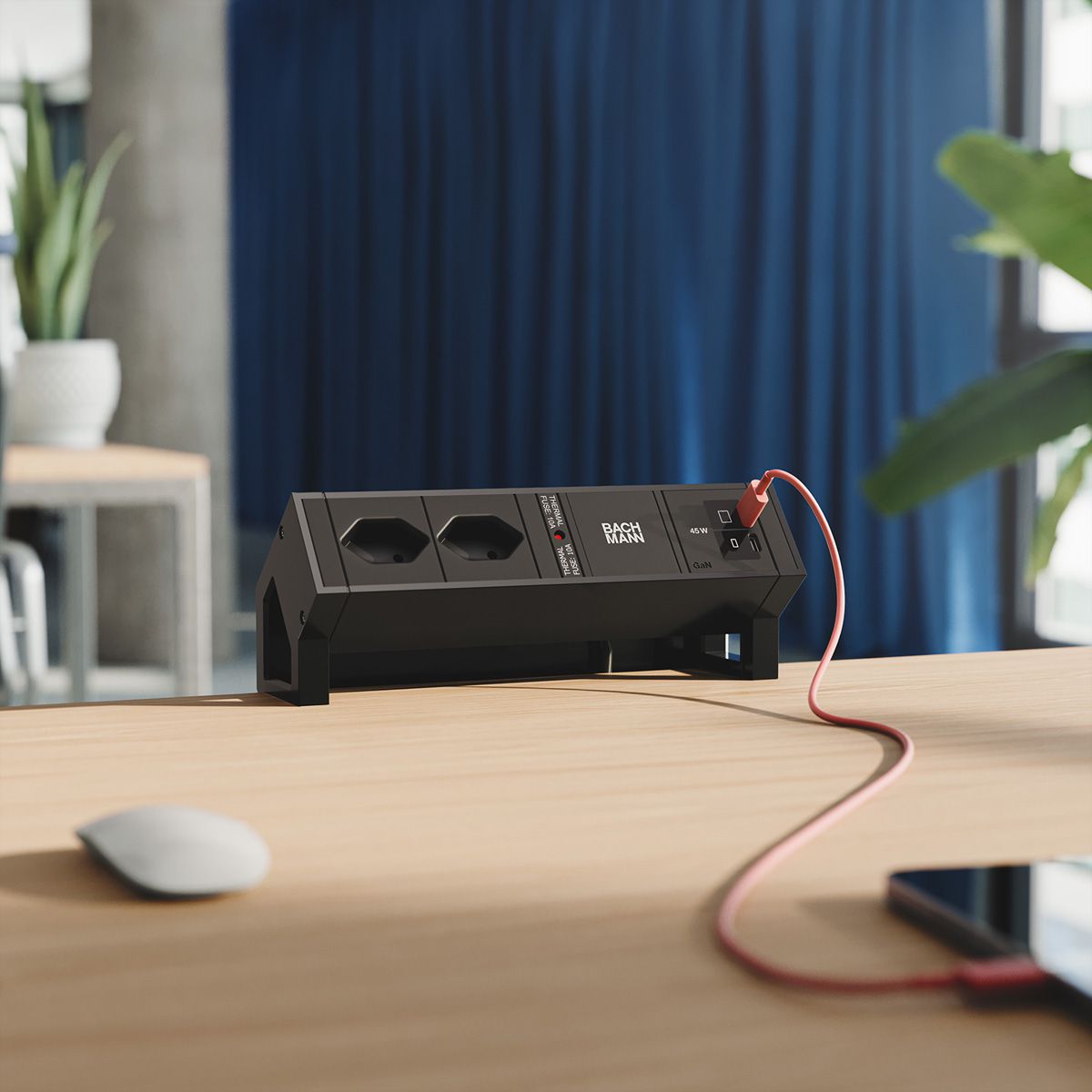 BACHMANN DESK2 2xCH 90° 1xUSB C/C 45W, L=0.2m RAL9005