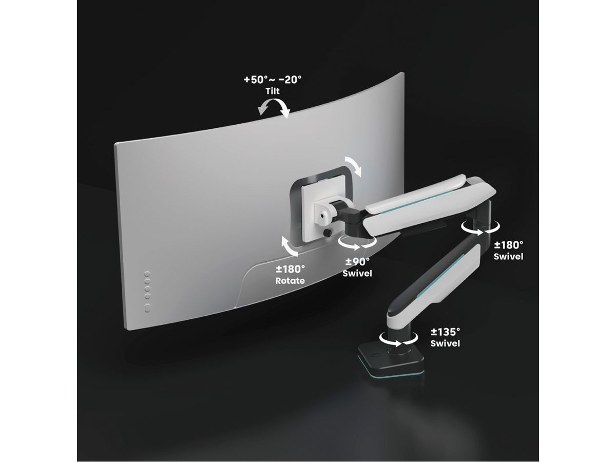 ROLINE Single LCD Monitor Stand, Gas Spring, Desk Clamp, < 124 cm (49"), Heavy Duty <= 20 kg, 5 Joints