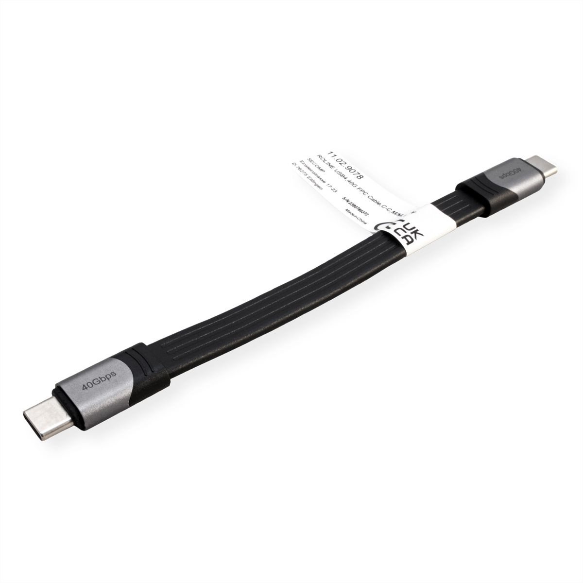 ROLINE USB4 Gen3x2 kabel, C-C, M/M, 8K UHD-2, 40Gbit/s, 100W, extra plat, zwart, 15 cm
