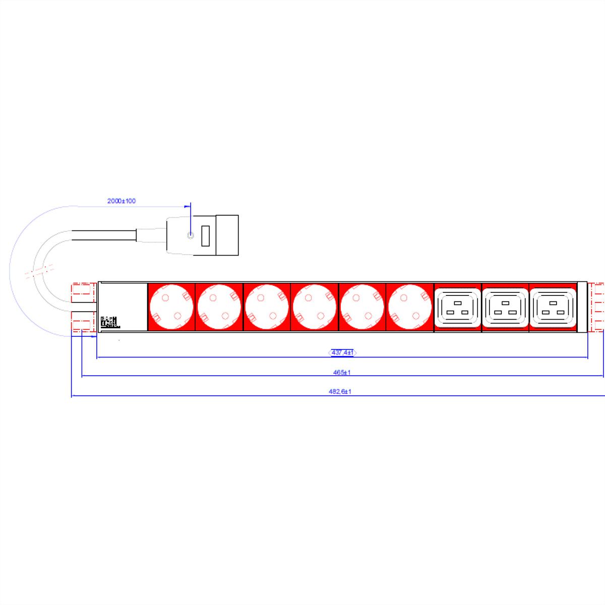 BACHMANN IT PDU ALU 1HE 6x geaard contact 3x C19, Stroomkabel met stekker C20, zwart